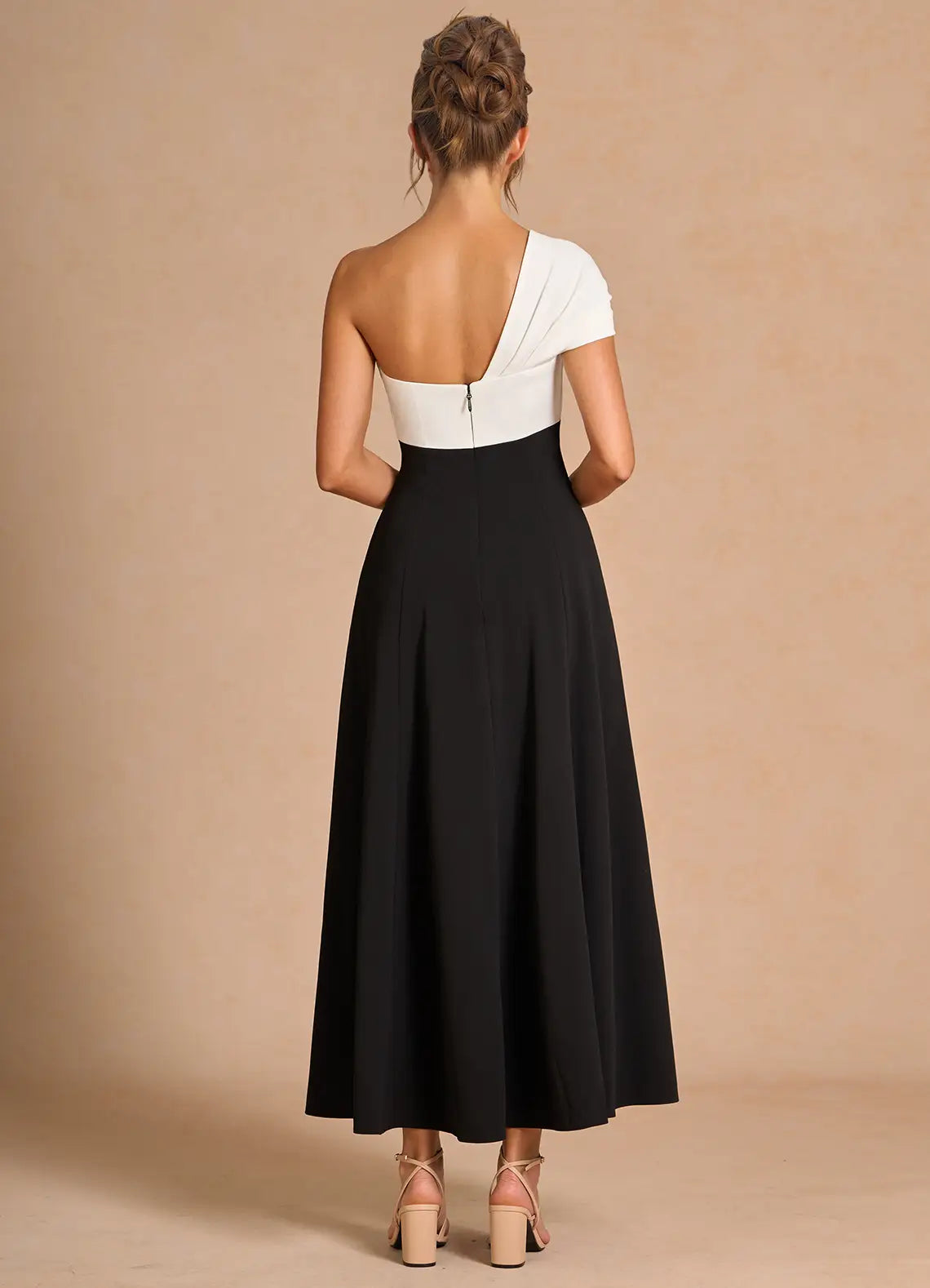 Robe Weitese asymétrique élégante, longueur thé, robe de bal, sans manches, dos nu, noire et blanche, robe de soirée trapèze